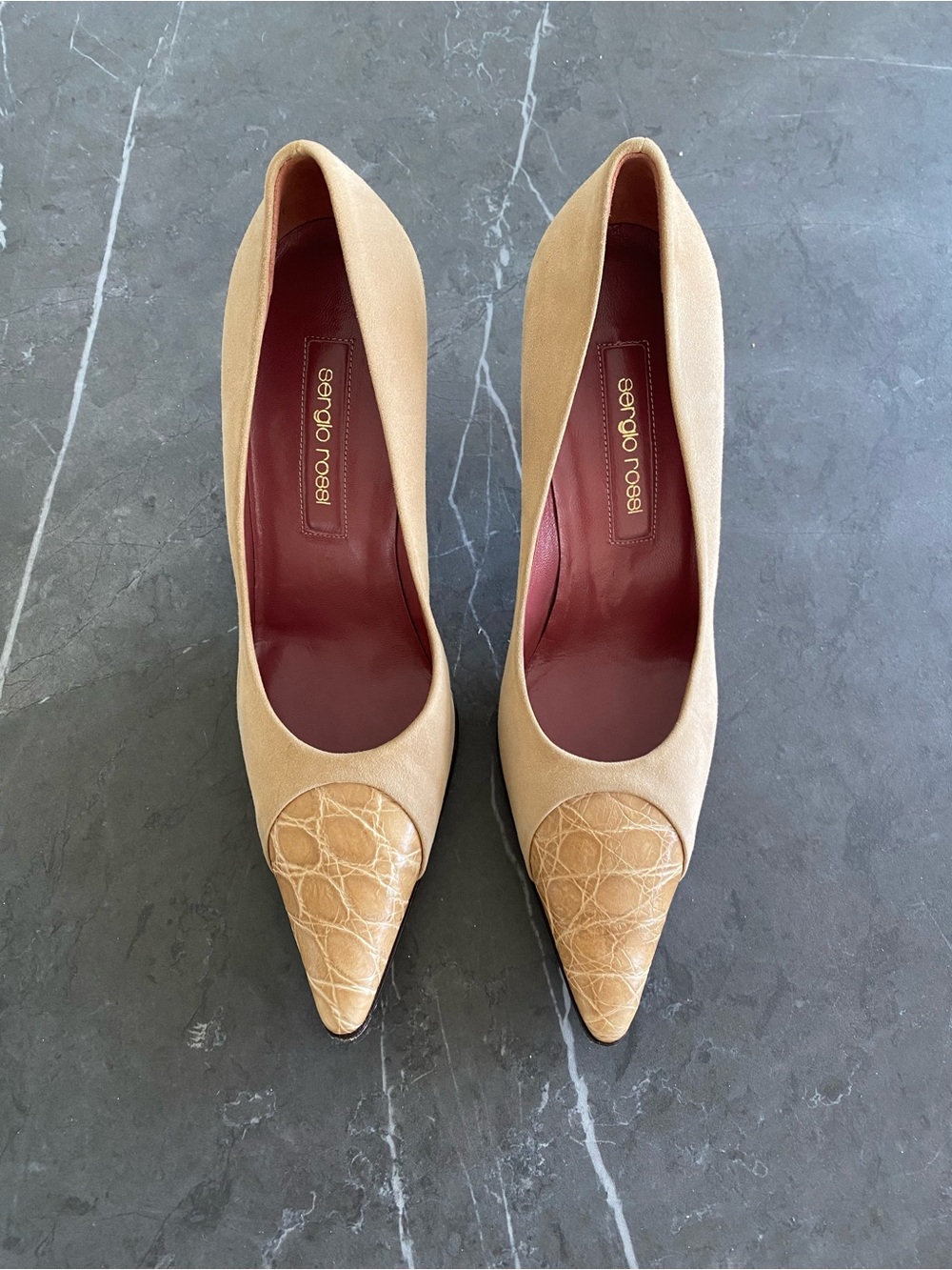 Sergio Rossi Tan Suede Pumps with Croc-Effect Cap Toe